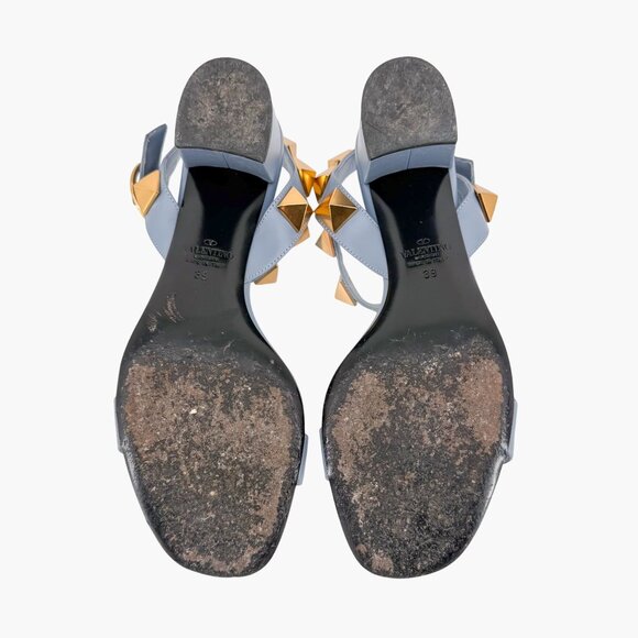 Valentino Garavani Roman Stud Block Heel Sandals Blue Leather Size 39 US 9 - Picture 12 of 15